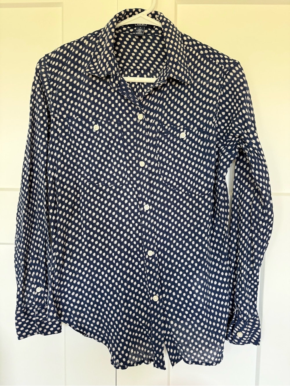 Chaps Gauze Button-Down Shirt with Navy & White Dot Pattern